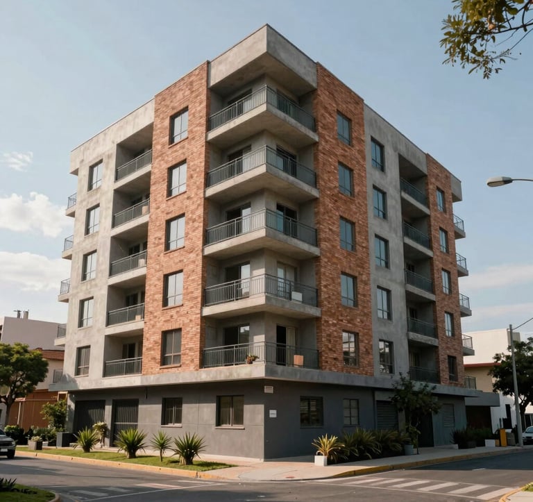 A beautiful low-angle photograph of a newly finished apartment complex in Granadero Baigorria, Argentina. The building features brick accents and modern balconies. The surrounding street is clean, with professional landscaping. The image uses a palette of Charcoal and Slate Green.