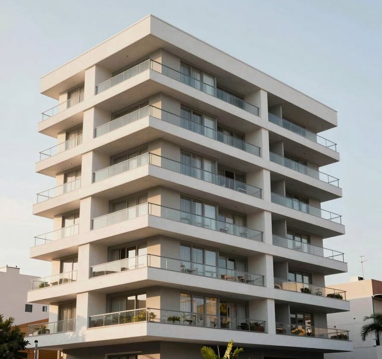 A bright, clean exterior shot of a modern luxury apartment building in the Puerto Norte district of Rosario. Soft daylight, sophisticated architecture. South American / Argentinian context.