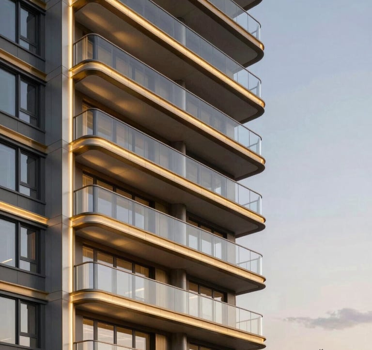 Modern luxury apartment building exterior at twilight. The architecture features clean lines, glass balconies, and warm brushed gold lighting accents. The sky is a soft dusk color, emphasizing the premium and calm mood.