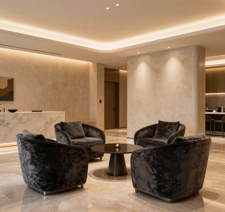 Interior shot of a sophisticated, high-end lobby or private lounge in a luxury residential building. The space features plush velvet chairs in muted charcoal, warm beige walls, and soft gold atmospheric lighting. The design is minimal and extremely elegant.