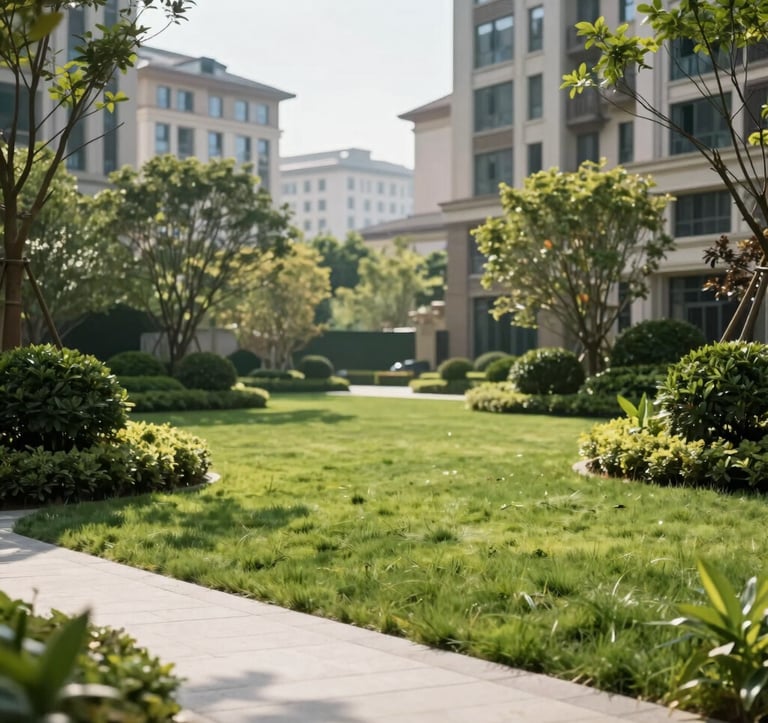 A serene, private park area in a high-end residential neighborhood. The image shows a manicured green lawn, professional landscaping with soft green bushes, and a clean stone walkway. The background shows blurred silhouettes of modern, elegant buildings under a clear, bright sky.