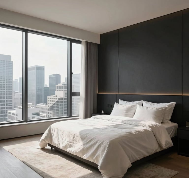 A spacious, airy master bedroom in a luxury penthouse. Features soft off-white linens, minimalist furniture, and a sophisticated charcoal black accent wall. Large windows offer a bright, sunlit view of a clean, modern city skyline.
