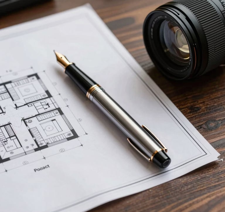 Close-up of professional architectural blueprints and a high-end fountain pen on a dark wood desk. The lighting is focused and warm, highlighting the precision and expert planning involved.