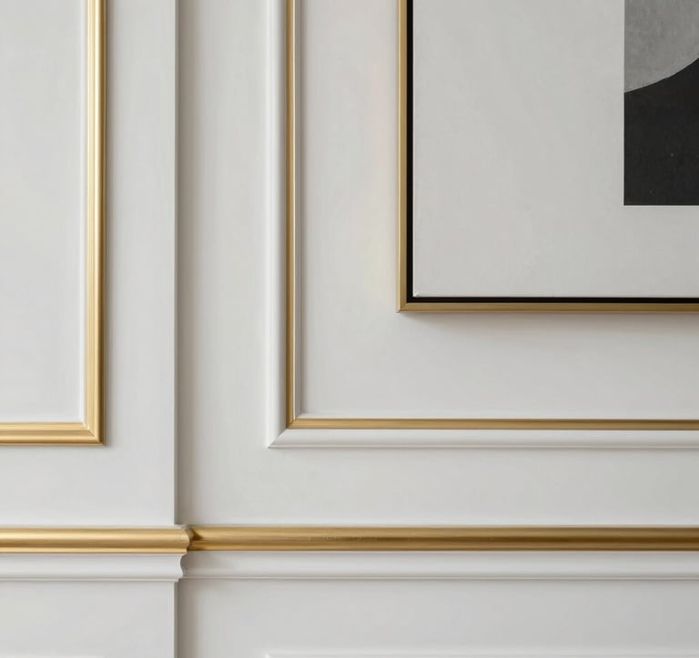 Elegant interior detail featuring a soft porcelain white wall with brushed gold trim and a minimalist piece of art. The style is clean, modern, and exudes luxury.