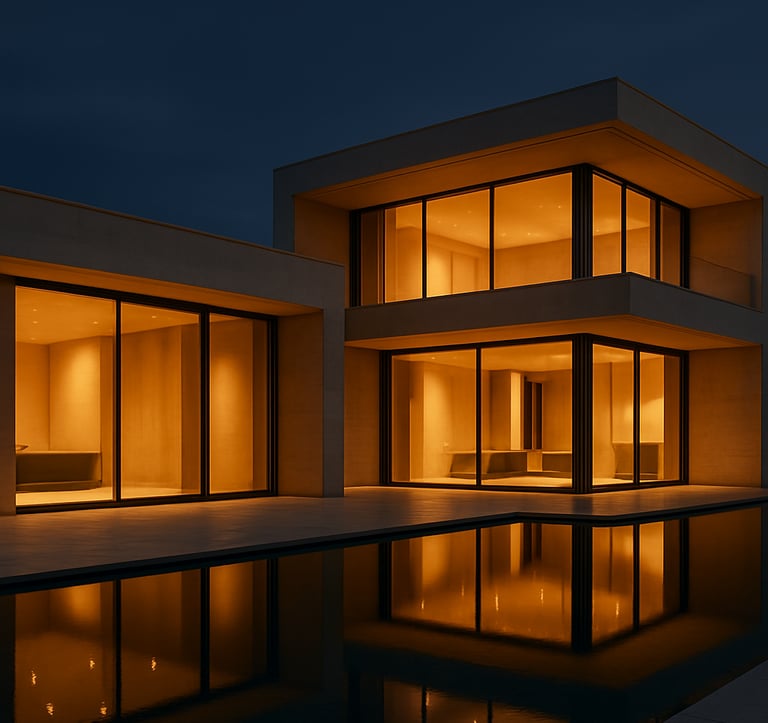 Exterior photography of a modern luxury villa at dusk. The building features minimalist lines and warm gold interior lighting glowing through large glass panes. The walls are sophisticated beige stone, and a calm infinity pool reflects the deep charcoal evening sky.