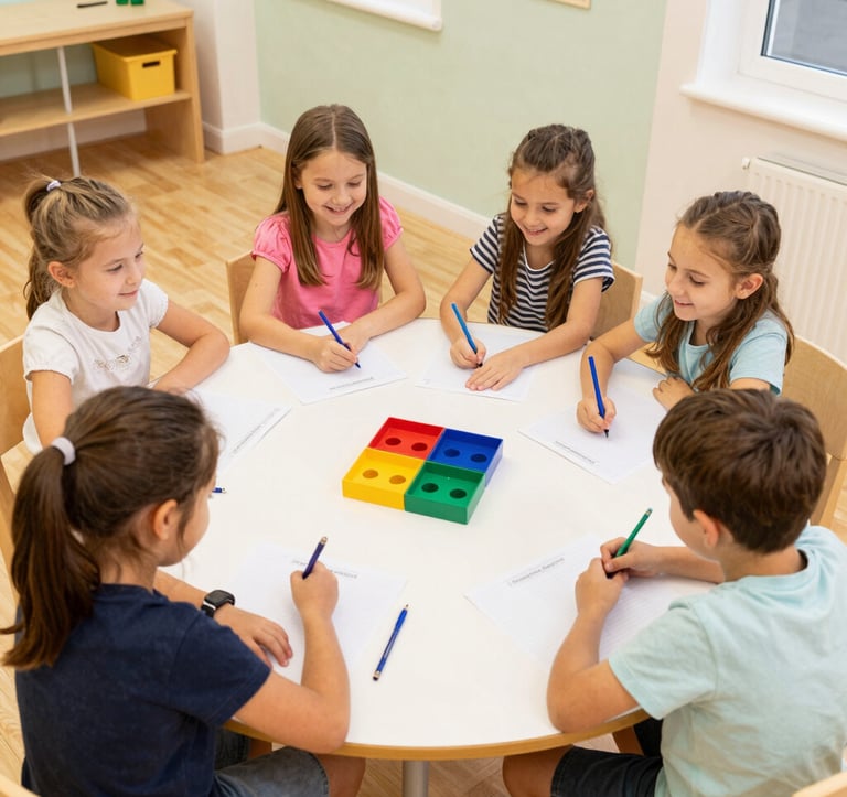 A small group of children working with a teacher in a bright, welcoming classroom.