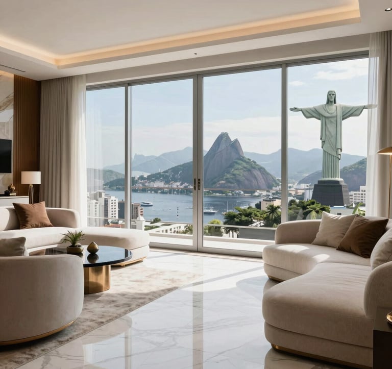 Interior of a luxury high-rise apartment in Rio de Janeiro, featuring modern minimalist furniture, white marble floors, and floor-to-ceiling windows overlooking the Christ the Redeemer statue. Sophisticated South American luxury living, bright natural lighting.