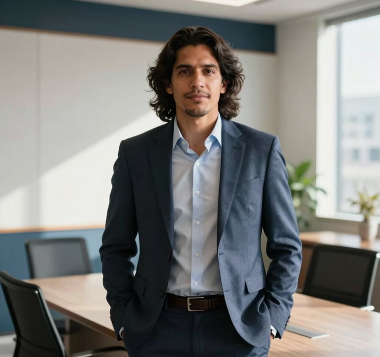 A professional portrait of a South American / Brazilian investment advisor standing in a sunlit, modern office in Sao Paulo. The background shows a clean interior with white walls and dark blue accents.