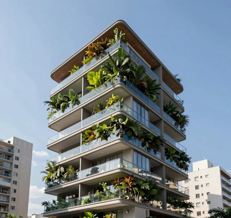 Exterior shot of a contemporary residential development in São Paulo, featuring glass balconies and lush tropical vertical gardens. Modern architectural photography, sleek design, clear blue sky, upscale South American urban neighborhood.