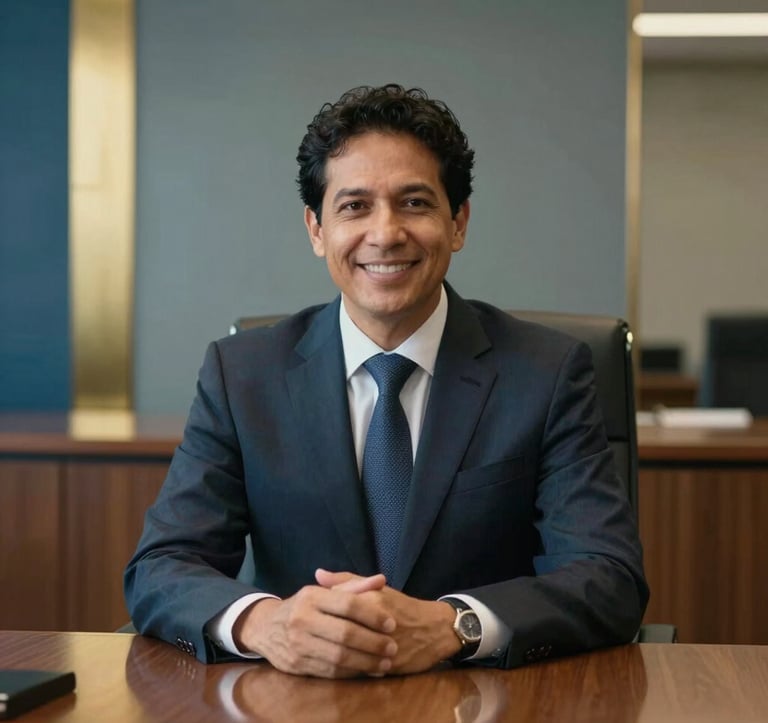 A sharp, professional photograph of a South American / Brazilian legal consultant in a high-end boardroom. There are subtle gold and steel blue design elements in the background. The atmosphere is professional and trustworthy.