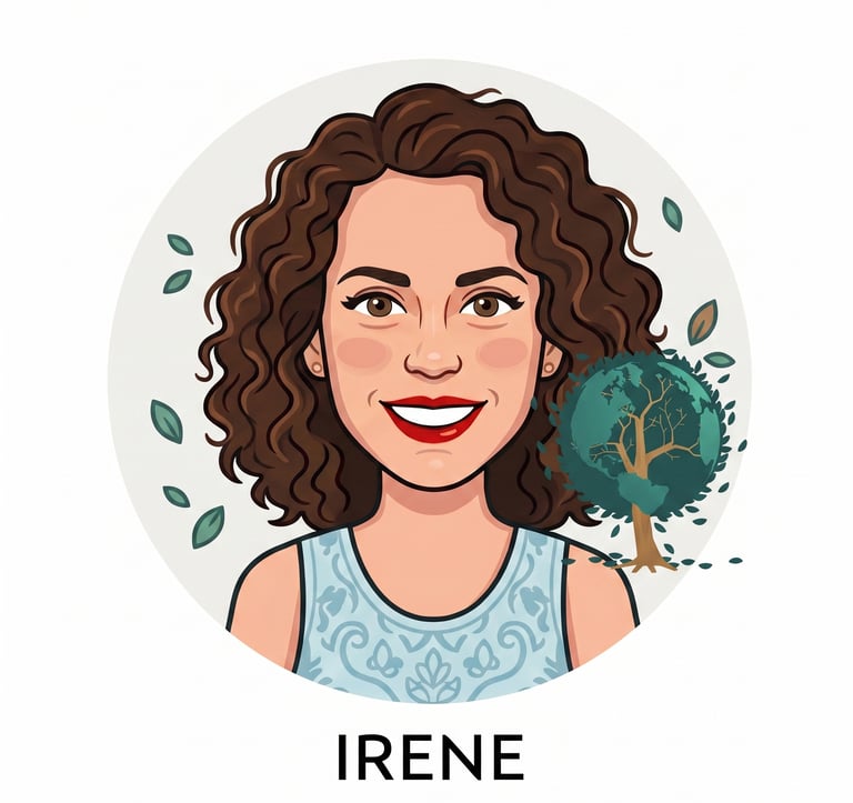 Illustrated profile avatar of Irene with curly brown hair and a green globe tree icon.