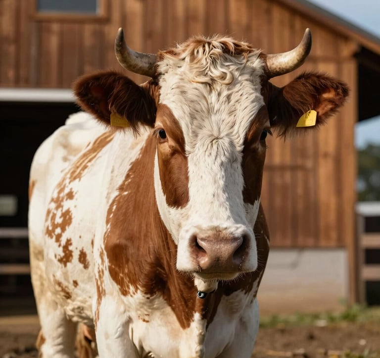 A close-up, professional photograph of a sturdy cow in a clean North American / US farmyard. A rustic barn with warm rustic brown wood siding is visible in the soft-focus background. The lighting is bright and natural, highlighting the reliability and quality of the livestock.