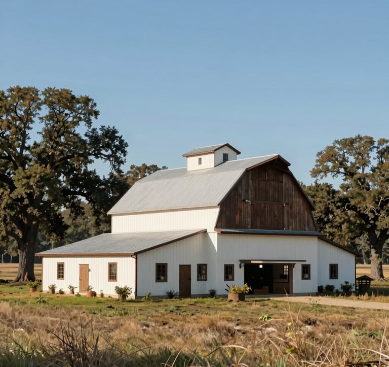 Wide-angle photography of a modern rustic North American / US farm house and barn. The structures feature soft off-white painted wood and deep dark brown trim, set against a backdrop of ancient oak trees and vast, well-maintained pastures under a clear blue sky.