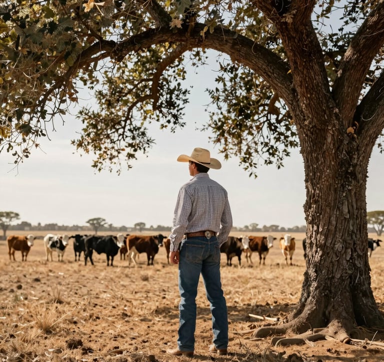 A photography shot of a professional rancher in North American / US outdoor attire standing by a large oak tree. The rancher is looking out over a herd of cattle in the distance. The lighting is warm and natural, emphasizing a palette of warm sand and muted earth brown tones.