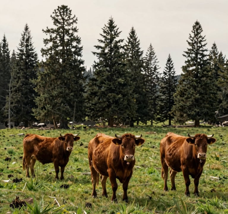 A clean, high-contrast photograph of healthy cattle in a verdant pasture in a North American / US landscape. The background features a silhouette of tall pines under a bright, soft cream sky. The cattle have a rich burnt timber coat, and the scene is tranquil and clean.