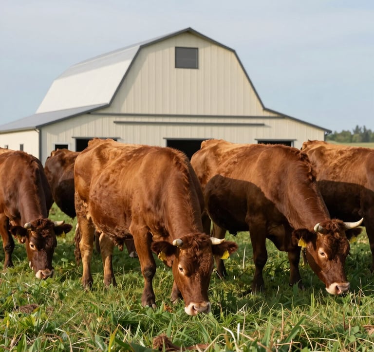 An eye-level photograph of a healthy herd of cattle grazing on a rich green pasture in a North American / US rural setting. The cattle have lustrous Earthy Brown hides. The background features a clean, modern barn in Soft Cream, all under a clear, bright sky.