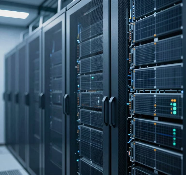 Close-up of high-tech solar energy infrastructure and a data center server room facade, cool blue lighting, professional architectural photography style using #0A1D2B and #7BA6A8.