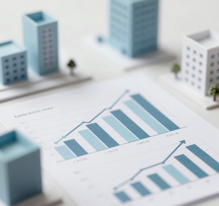 Abstract and elegant conceptual photo showing architectural models and financial growth charts on a clean surface, minimalist corporate style using #E8F2F3 and #7BA6A8 colors.