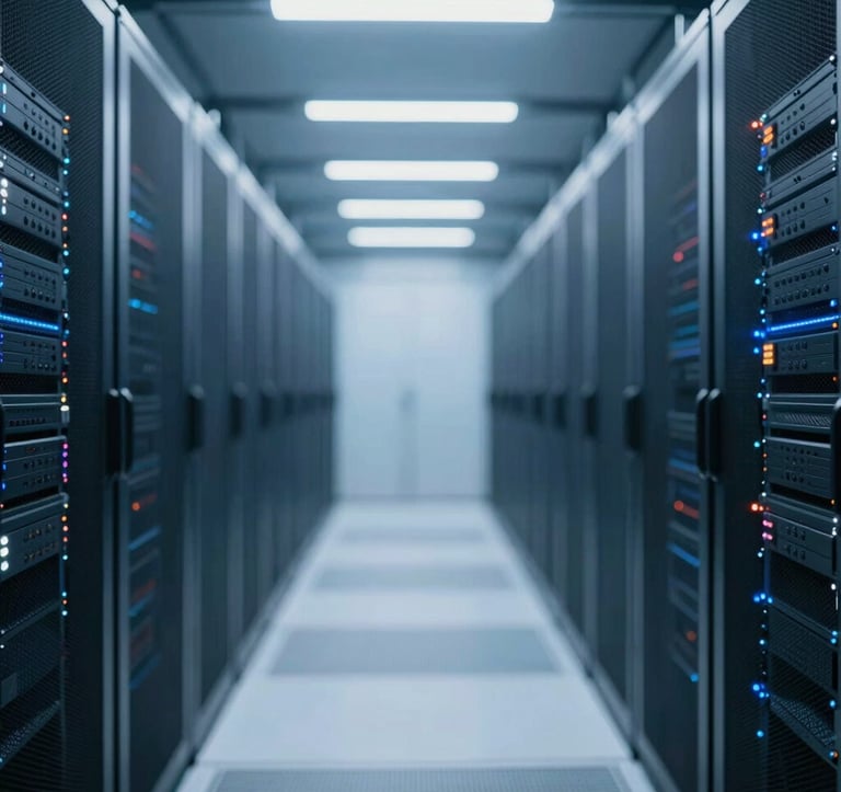 Interior of a state-of-the-art data center with symmetrical aisles of server racks and cool LED lighting. The style is clean and high-tech, incorporating the brand colors #2A5B6F and #7BA6A8 to show modern infrastructure.