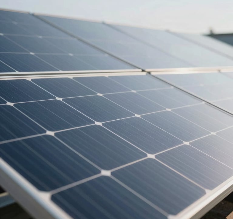 Close-up of high-efficiency solar panels reflecting a clear sky. The image has a clean, technical aesthetic with a focus on geometric patterns and sustainable energy. Professional lighting emphasizing the texture of the materials.