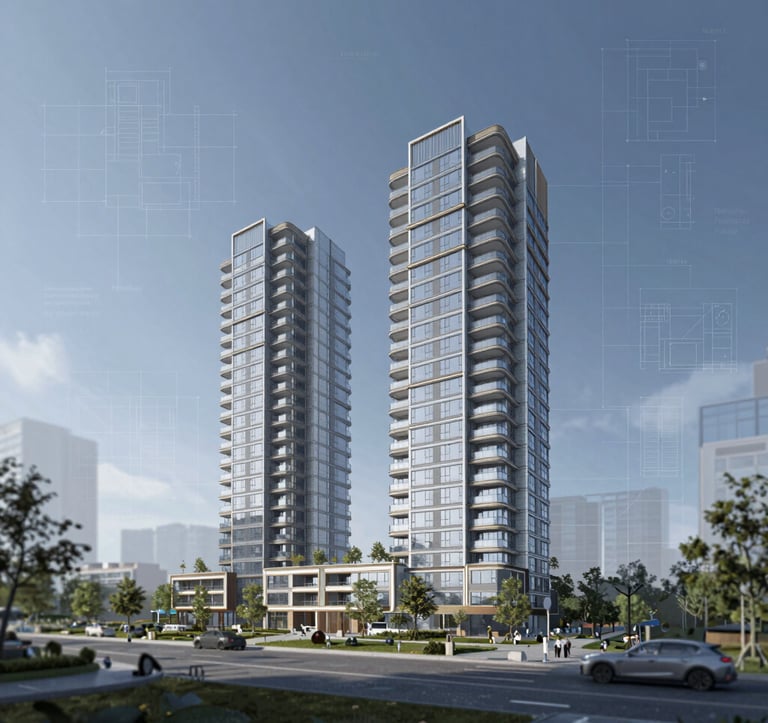 A professional architectural rendering of a modern development project under construction. Blueprints and digital grids are subtly overlaid to suggest value creation and planning. The color palette features #2A5B6F and #E8F2F3.