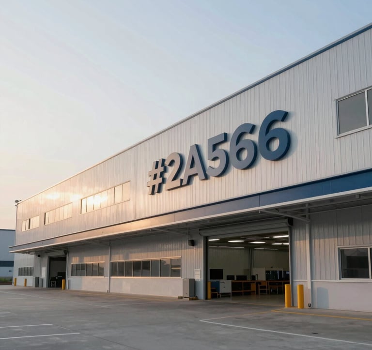 Modern industrial warehouse and sleek logistics hub at sunrise, clean architectural lines, daylight photography emphasizing efficiency and scale, #2A5B6F accents in the corporate signage.