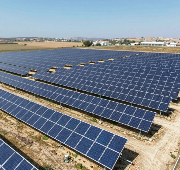 Wide aerial shot of a large solar farm under development in Portugal. Rows of blue solar panels on a sunny landscape, showcasing sustainable energy investment and scale. Institutional style.