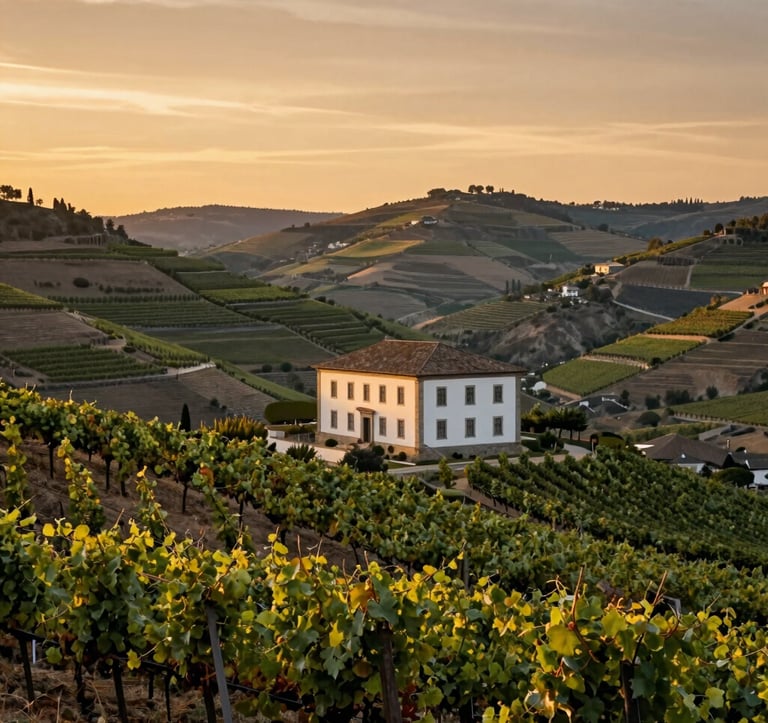 A view across rolling vineyards in the Douro Valley at dusk, a large estate house with soft off-white walls and muted bronze roofs nestled among the hills, golden sunset light, professional Southern European / Portuguese landscape photography.