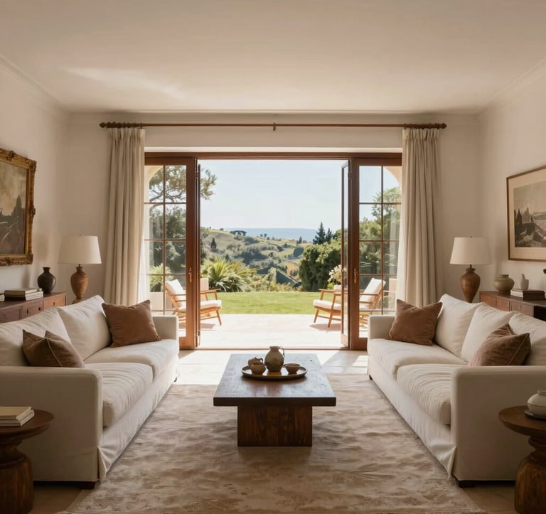 An interior shot of a luxurious Southern European / Portuguese living room with high ceilings. The palette includes soft off-white sofas and muted clay brown wooden accents. Large glass doors open to a sun-drenched terrace, creating a sophisticated and airy feel.