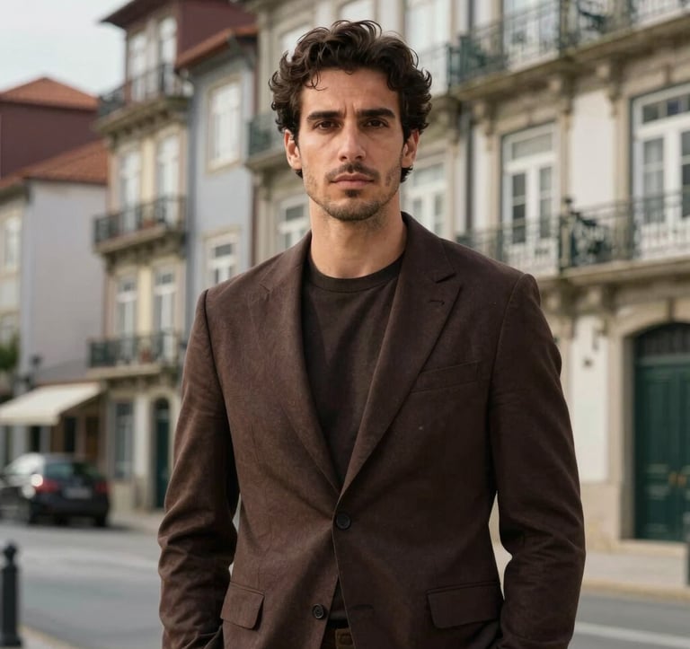 A professional portrait of a man in a modern Southern European / Portuguese city setting. He is dressed in a dark chocolate brown blazer, standing against the backdrop of elegant, historic Portuguese architecture with soft sunlight filtering through.