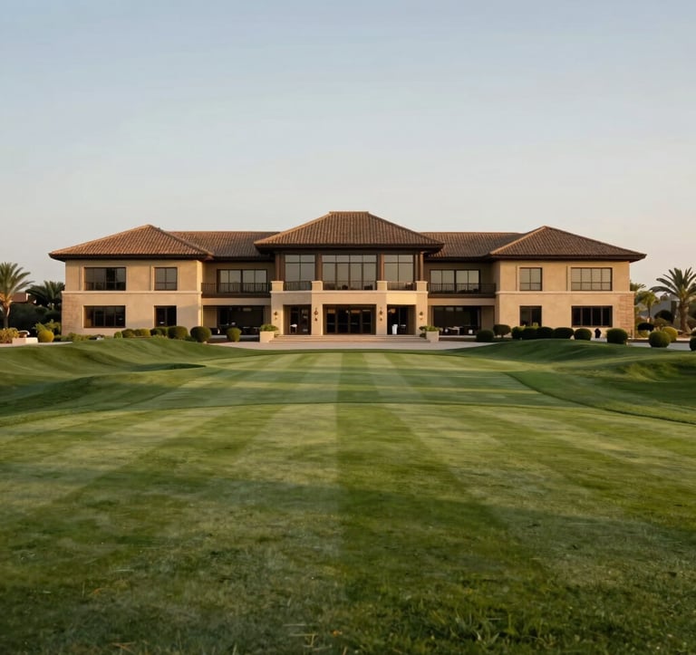 A perfectly manicured green at a premier golf course in Portugal, featuring a luxury clubhouse with warm taupe and dark coffee brown architecture, clear sky, professional lighting, Southern European / Portuguese setting.