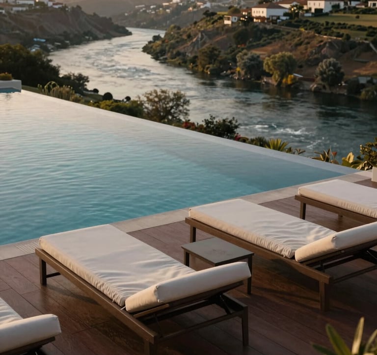 A high-end infinity pool overlooking a river valley in Portugal. The pool deck is a deep espresso brown, featuring soft off-white lounge chairs. The atmosphere is quiet, sophisticated, and professional, capturing a Southern European / Portuguese retreat.