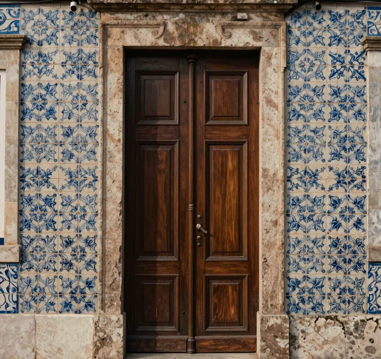 A close-up photograph of traditional Portuguese azulejo tiles on a historic building facade, featuring a dark coffee brown wooden door and soft taupe stone framing, soft afternoon light, Southern European / Portuguese atmosphere.