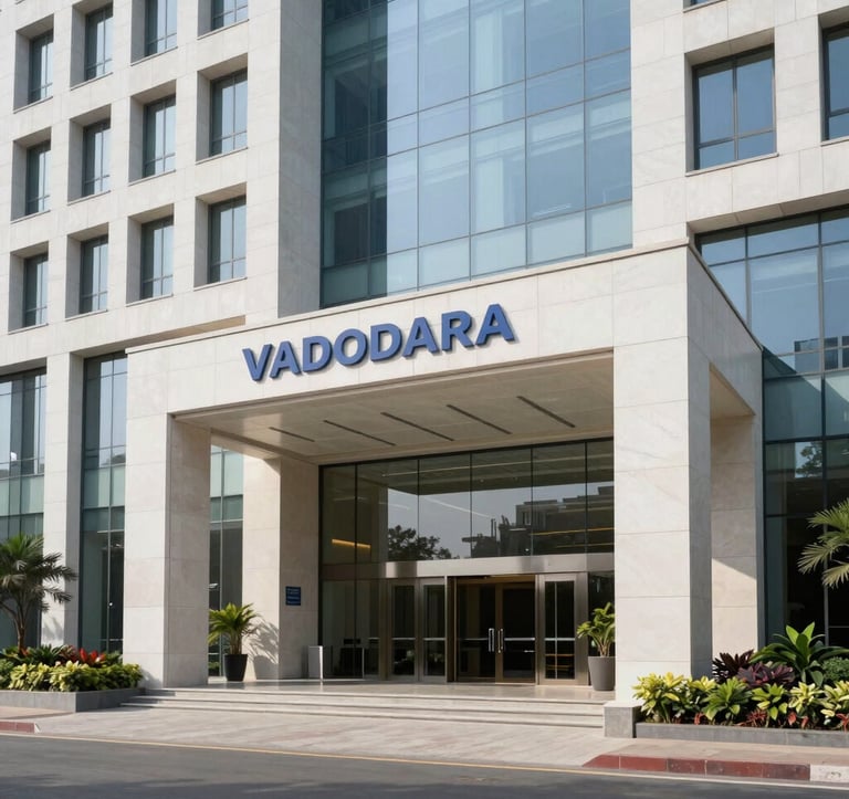 An architectural photograph of a sleek, modern corporate building entrance in Vadodara, featuring clean white stone, glass panels, and professional landscaping that reflects a premium and secure brand identity.
