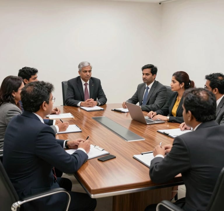 A high-quality photograph of a boardroom meeting in India. A group of South Asian professionals in formal business attire are engaged in a strategic discussion. The room is bright with crisp white walls and elegant wooden furniture, conveying trust and commitment.