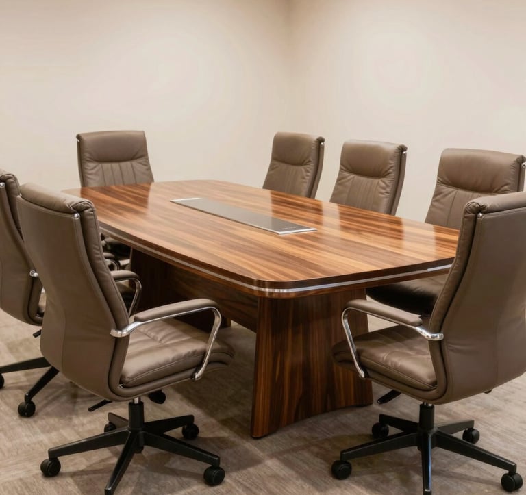 A detailed shot of a luxury meeting room in India, featuring a polished wooden table and comfortable ergonomic chairs. The setting is bright and professional, conveying a sense of trust and authority.