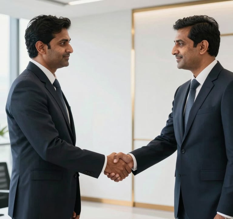 A professional handshake between two executives in a premium South Asian corporate office. The composition is clean and focused, with soft natural light highlighting a crisp white background and subtle amber gold details.