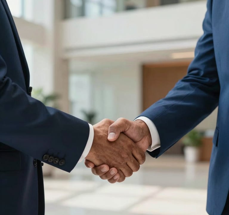 A close-up shot of a professional handshake between two executives in a bright, high-end office lobby. The lighting is natural and sophisticated. One executive wears a deep royal blue suit, symbolizing trust and leadership in a South Asian corporate context.