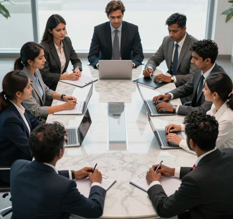 A high-angle photograph of a diverse group of South Asian corporate professionals collaborating around a polished marble conference table in a bright, modern office. The scene exudes professionalism, trust, and elite teamwork.