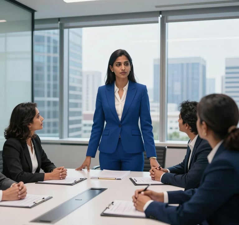 A professional South Asian woman in elegant corporate attire leading a meeting in a boardroom with glass walls overlooking a modern cityscape. The room is decorated in crisp white and deep royal blue tones.
