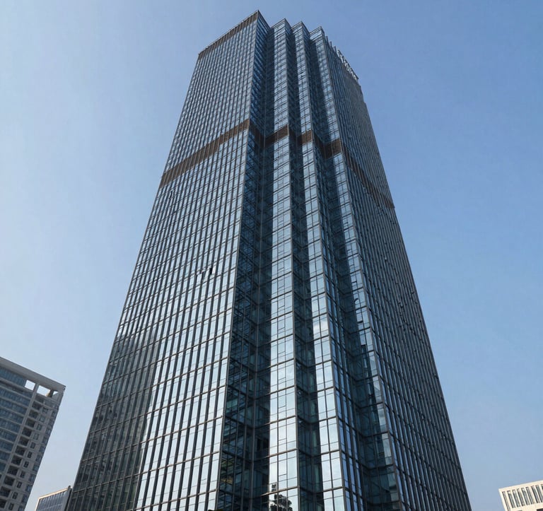A professional wide-angle shot of a sleek glass skyscraper in a developing business district in South Asia. The architecture is modern and bold, reflecting a clear blue sky. The composition is clean and focused, representing growth and corporate authority.