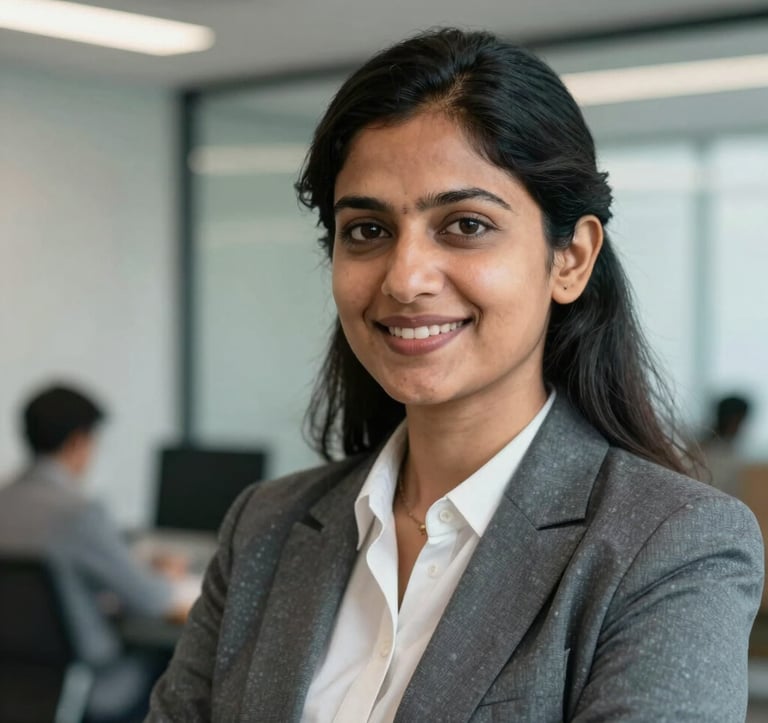 A close-up photograph of a professional South Asian / Indian woman in a business suit, looking confident and smiling warmly in a bright, modern office space. The background is softly blurred to emphasize leadership and excellence.