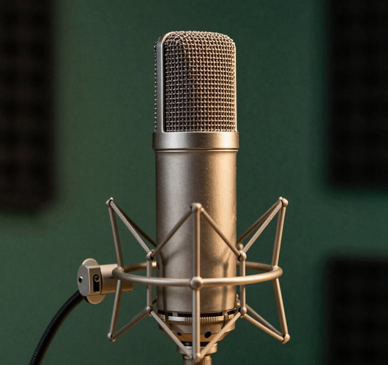 Close-up photography of a professional condenser microphone in a dimly lit, luxurious Brazilian studio setting. The lighting is soft gold, highlighting the metallic texture and the sophisticated moss green background. High-end editorial style.