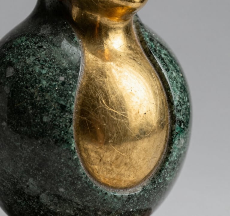 Macro photography of a sophisticated sculpture made of dark green stone and polished gold, reflecting a soft light in a professional Brazilian studio setting. Luxurious and refined aesthetic.