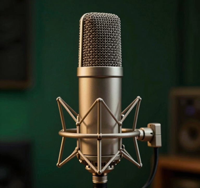 Close-up photography of a professional condenser microphone in a dark, high-end studio setting in Brazil, elegant gold details, deep green background, mysterious and cinematic lighting, showing precision.