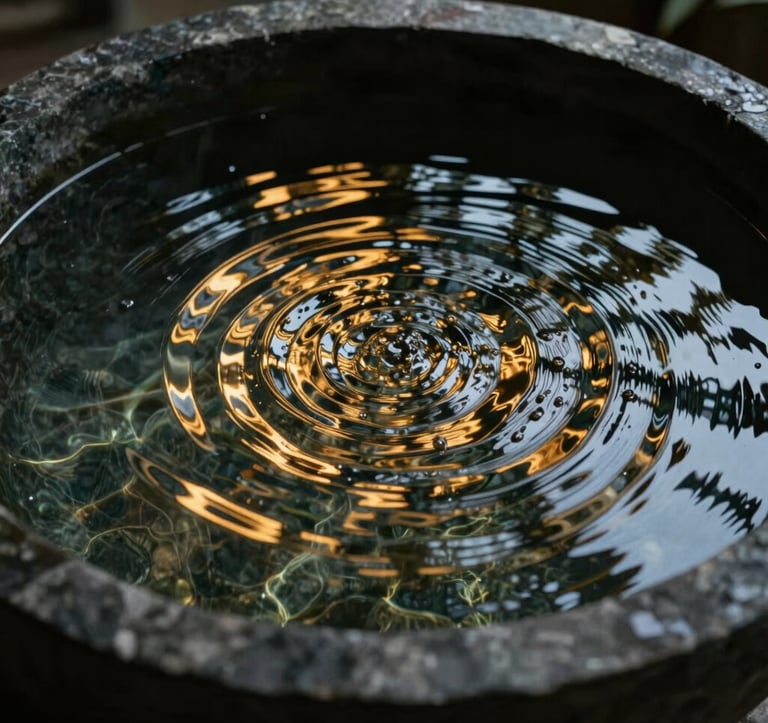 Fine art photography of water ripples in a dark stone basin, golden reflections, serene and mysterious, South American luxury spa aesthetic, high contrast, cinematic atmosphere representing internal change.