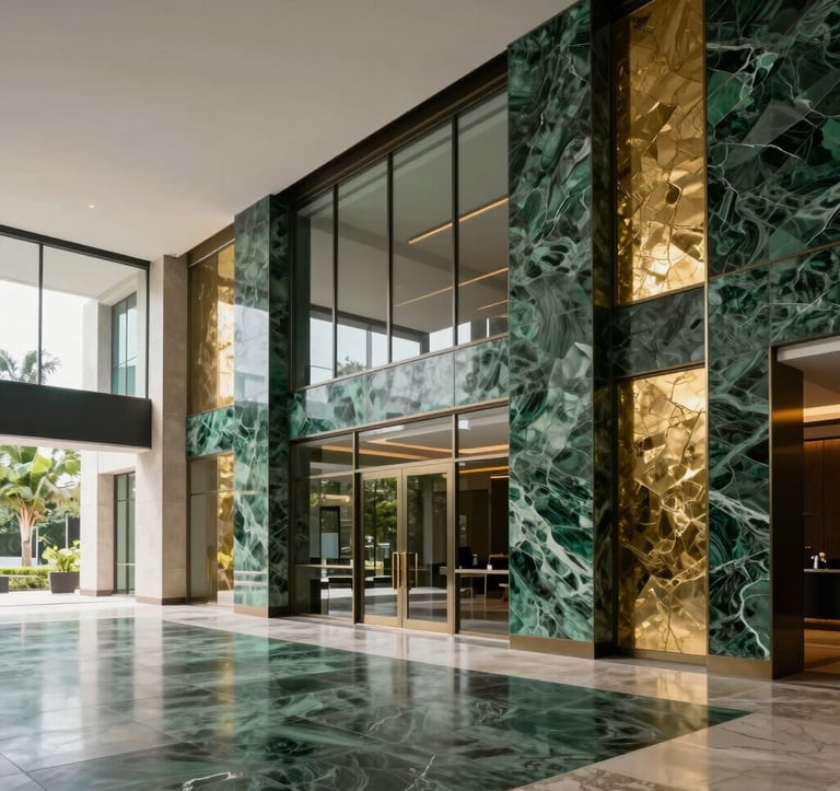 Wide-angle photograph of an elegant, modern architectural space in South America with clean lines and large glass walls. Interior features deep green textures and gold marble accents, suggesting success and prosperity.