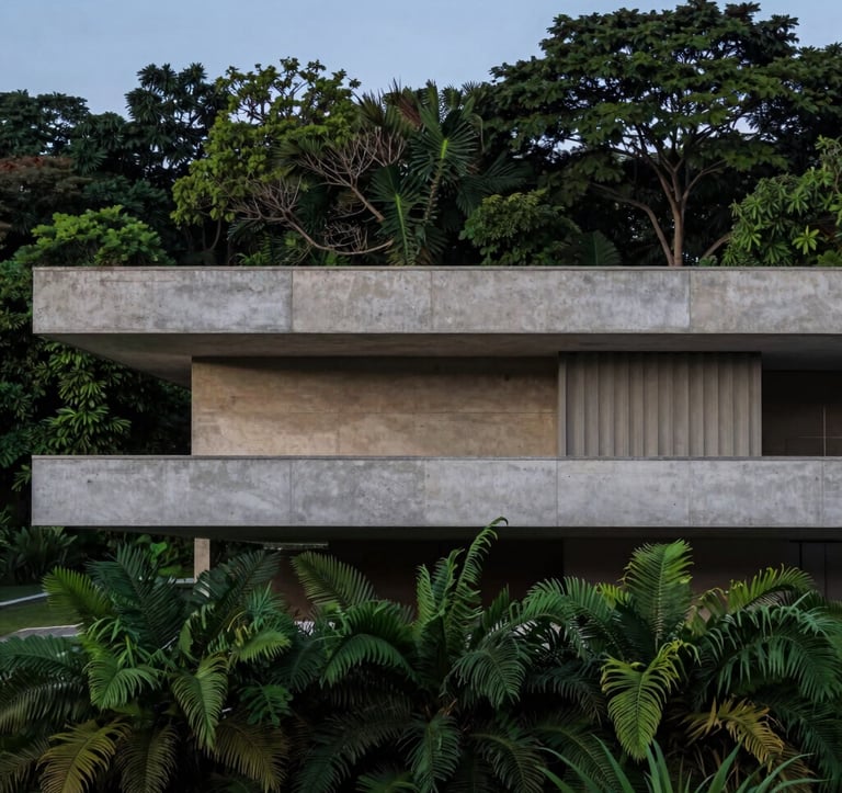 Minimalist Brazilian modernist architecture with clean concrete lines, surrounded by lush deep green foliage at twilight, representing stability, order, and refined focus.