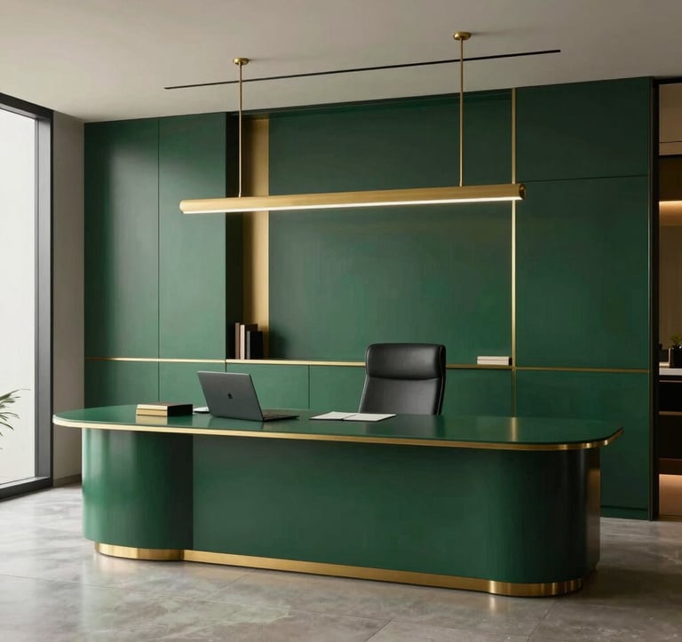 Editorial photography of a luxury minimalist office in Brazil, smooth materials, gold accents, deep petroleum green tones, cinematic lighting, sophisticated atmosphere of success and mental clarity.