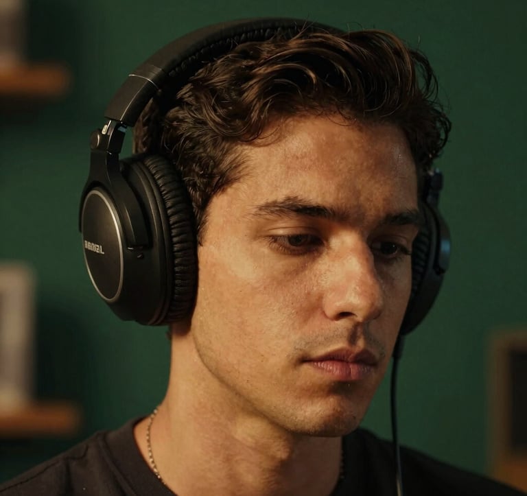 Editorial-style close-up portrait of a person in a deep state of focus, wearing high-end headphones, set in a dimly lit, sophisticated study in Brazil. Warm golden light highlights their face against a deep petroleum green background.
